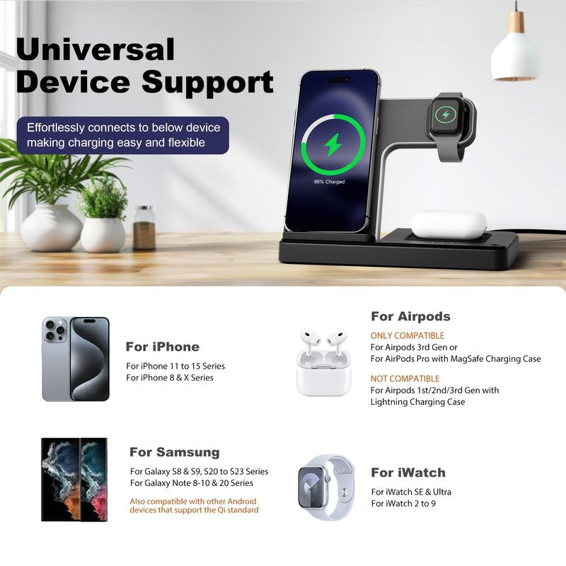Portable Wireless Charging Station 3-In-1 15W Fast Charger Stand for Iphone, Iwatch Ultra, Airpods, and More - Smart and Safe Charging Solution Charger 4 1 Magnetic Phone Charger